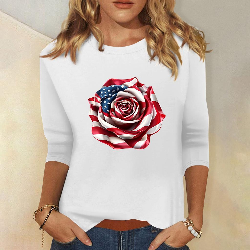Women's Fashion Casual Round Neck 3/4 Sleeve Loose Independence Day Printed T-Shirt Ladies Top