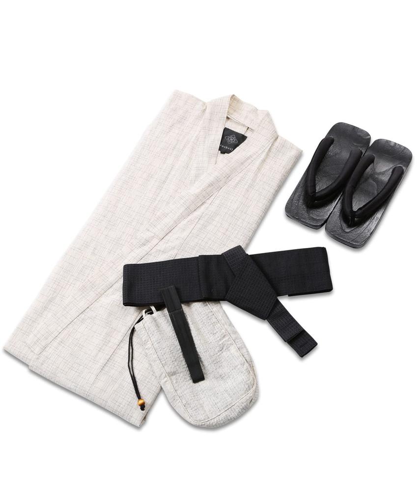 Rochelle Yukata Set Shingen Folding and Waist Size Natural Kasuri Pattern Easy To Yukata Summer Solid Japanese Men's 6-Piece (Yukata, Obi, Geta, Bag,