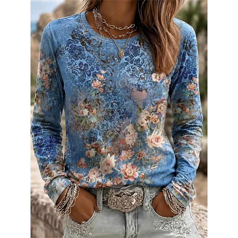 2026 Autumn New Women's Long-Sleeved Round Neck Casual T-Shirt with Colorful Floral Print Plant Elements Outdoor Chic Top