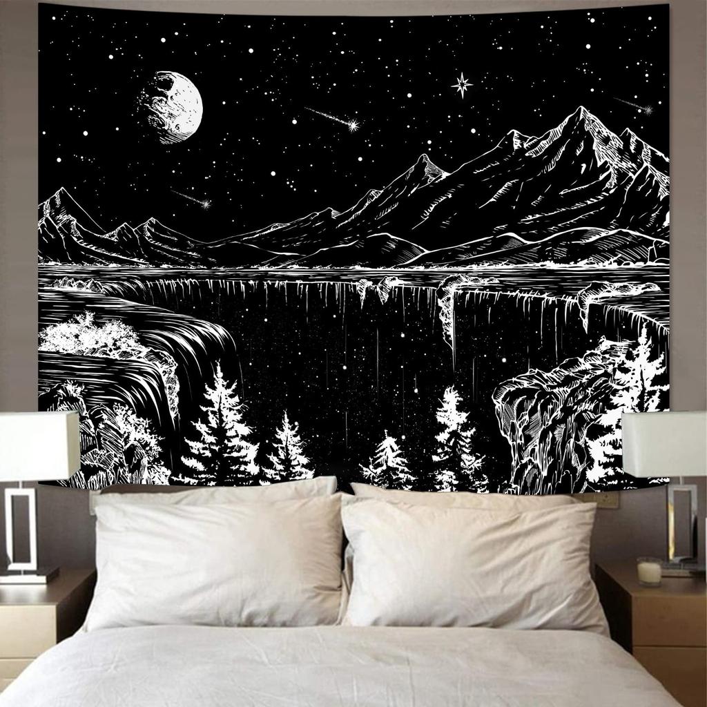 Black and White Starry Night Mountain Tapestry Bedroom Aesthetic Wall Hanging Living Room Dormitory Tapestry Home Decor