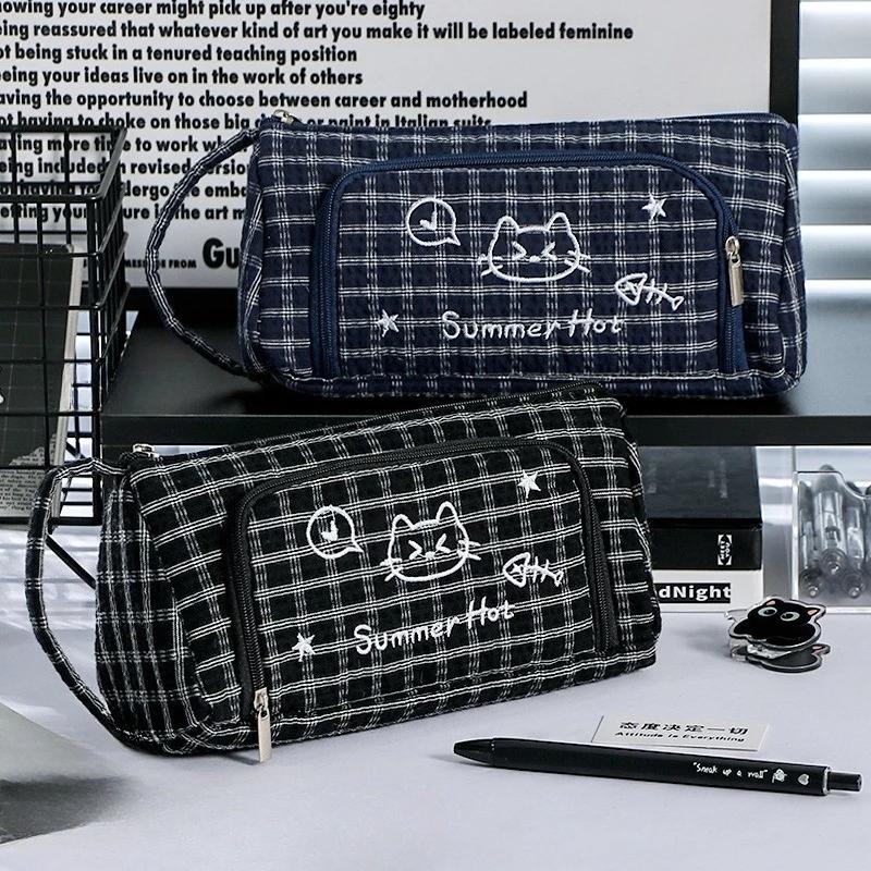 Cute Plaid Cat Pencil Case for Kids Boy Girl Cartoon Large Capacity Multi-Layer School Stationery Bag Students Supplies Gift