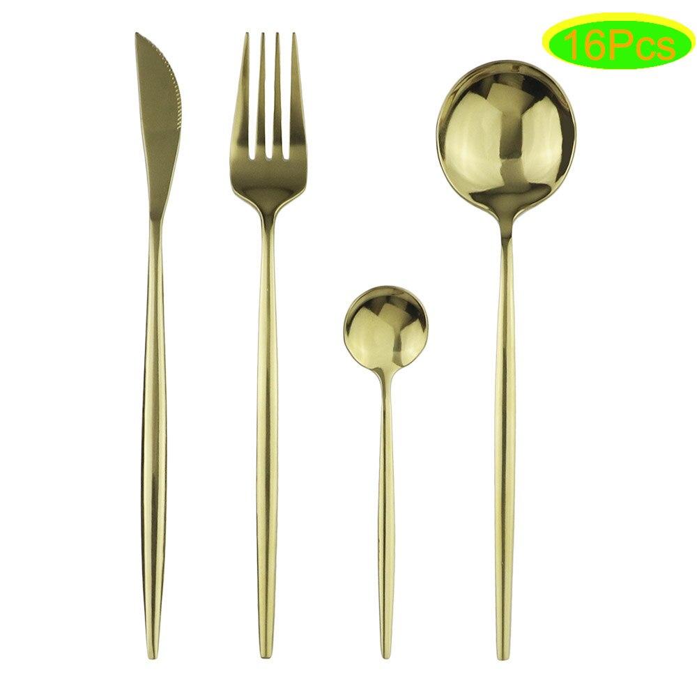 16Pcs Black Cutlery Set 18/0 Stainless Steel Dinnerware Set Kitchen Gold Tableware Set Knife Fork Spoon Flatware