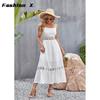 Europe and The United States Solid Color Hollow Lace Splicing Square Neck Sleeveless Halter Dresses