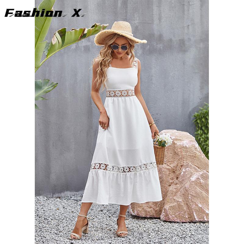 Europe and The United States Solid Color Hollow Lace Splicing Square Neck Sleeveless Halter Dresses