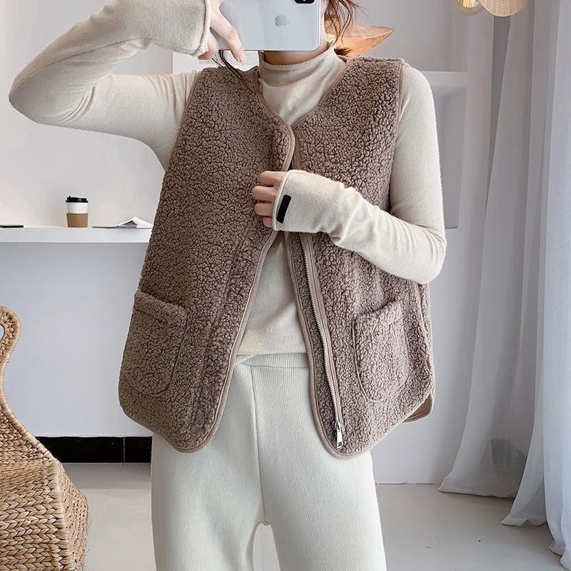 Autumn and Winter Warm Lamb Wool Fleece Granular Fleece Simple Loose Vest Versatile Outer Wear Fur Integrated Zipper Vest