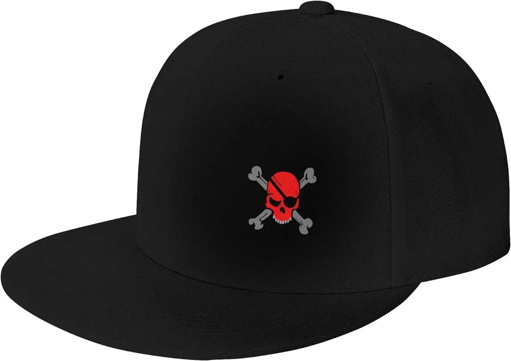 Flat Brim Cap Snapback Hat For Men Red Pirates Skull Bones Prints Adjustable Baseball Cap