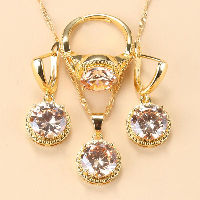Bridal Wedding Dress 925 Silver Jewelry Sets Sweet Princess Round Pink Zircon 3 Piece Set Fashion Women Gift