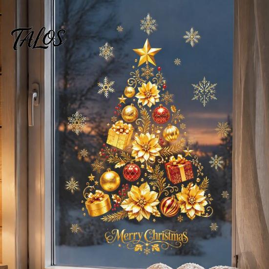Large Christmas Tree Wall Clings 2 Sheets Gold Window Clings, Static Stick Snowflake Non Adhesive Holiday Stickers Bauble Glass Decals, No-Glue