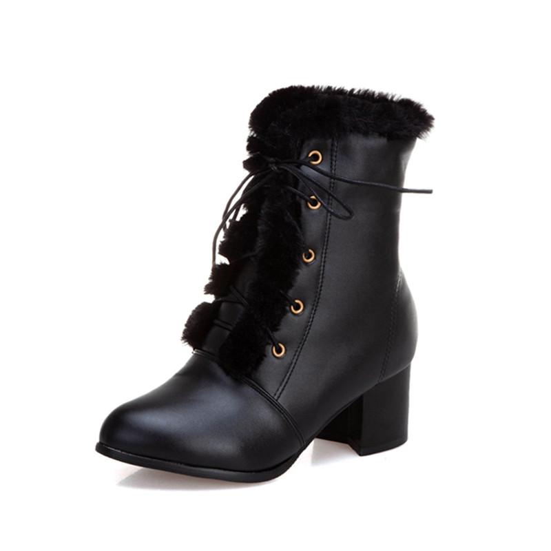 Autumn Winter Fur Women Ankle Boots Quality Solid Lace-up Ladies Shoes Fashion Square High Heels Boats Botines Mujer 33