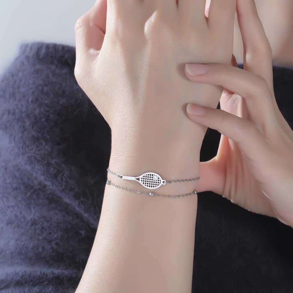 Tennis Racket Charm Women's Bracelet Stainless Steel Jewelry Tennis Ball Double Chains Beads Hand Bracelet for Girls Gift 2026
