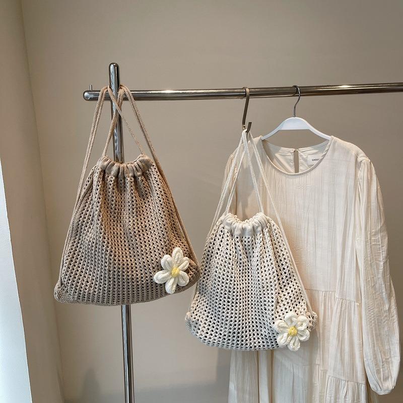 Woven Bag Women's New Shoulder Tote Bag Lazy Wind Knitted Hollow Flower Double Back Beach Bag