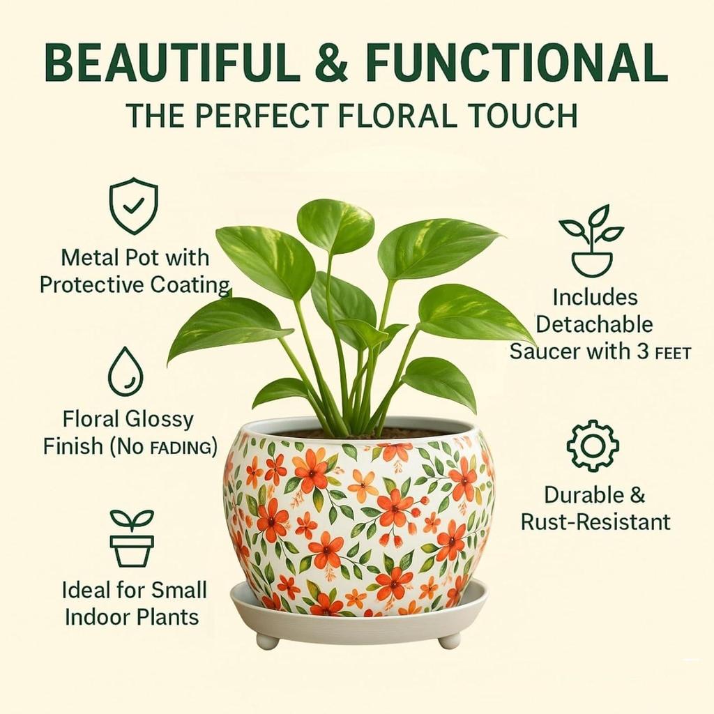 5 polegadas, Vaso de Metal Lily Designer Folha com Prato Coletor | Item de Decoração para Casa Interno Externo para Plantas de Jardim Flor, Varanda, Pátio, Sala de Estar