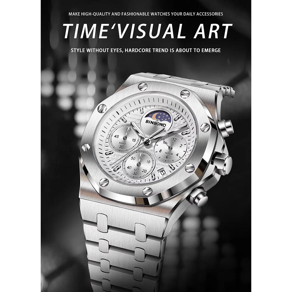 Quartz Watch For Men Moon Phase Auto Date Chronograph Luminous Waterproof Luxury Men's Watch Casual Reloj