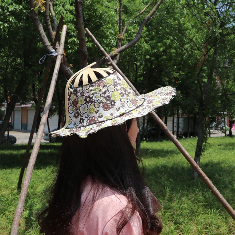 Bamboo Folding Fan Hat Silk Sunscreen Cap Gift Wide Brim Hat  Women