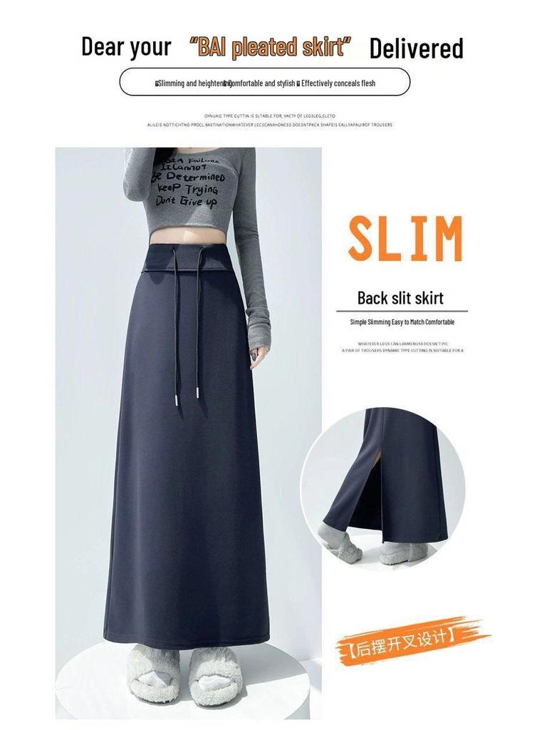 Women's Gray Elastic Waist A-Line Mini Skirt - Sporty High Waist, Bodycon, Slit, Casual Autumn Wear for Petite