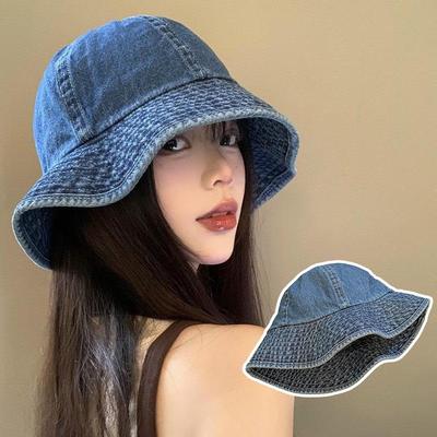 Korean Denim Bucket Hat For Women Solid Color Outdoor Large Brim Sunshade Fishermen Caps Vintage JK Girls Sunscreen Cowboy Caps