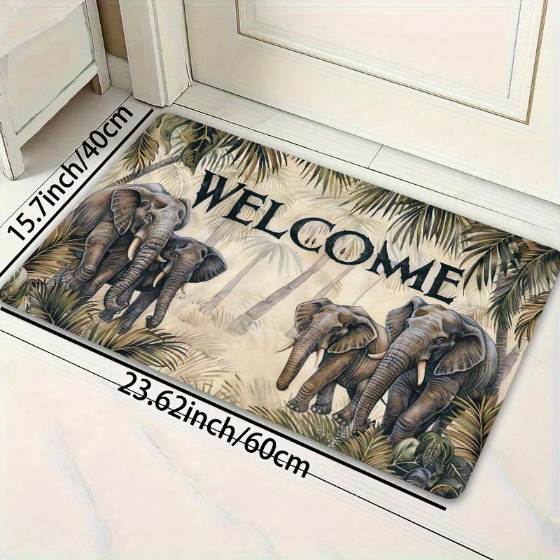Elephant Welcome Doormat, Polyester Flannel Non-Slip Machine Washable Rug for Bathroom Kitchen Living Room Bedroom Decor