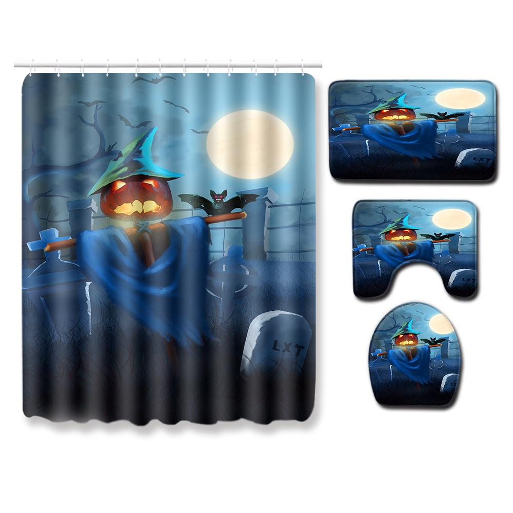 Halloween Shower Curtain Floor Mat Combination Four-Piece Set Bathroom Toilet Carpet Shower Room Foot Mat