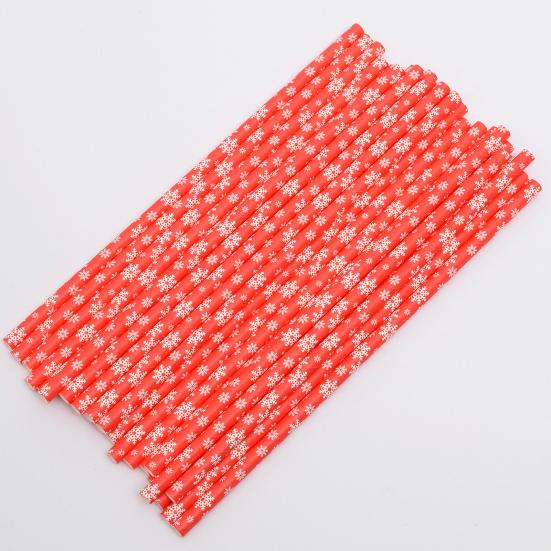 100 Pcs Paper Straws Diversed Food Grade Degradable Christmas Style Disposable Table Decoration Safe Snowflake Print Xmas Drinking Straw for Party