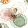 Piatto di frutta trasparente Bordo dorato Snack impilabili Piatto da portata Insalata rotonda infrangibile Piatto da pranzo per dessert Forniture per sala da pranzo
