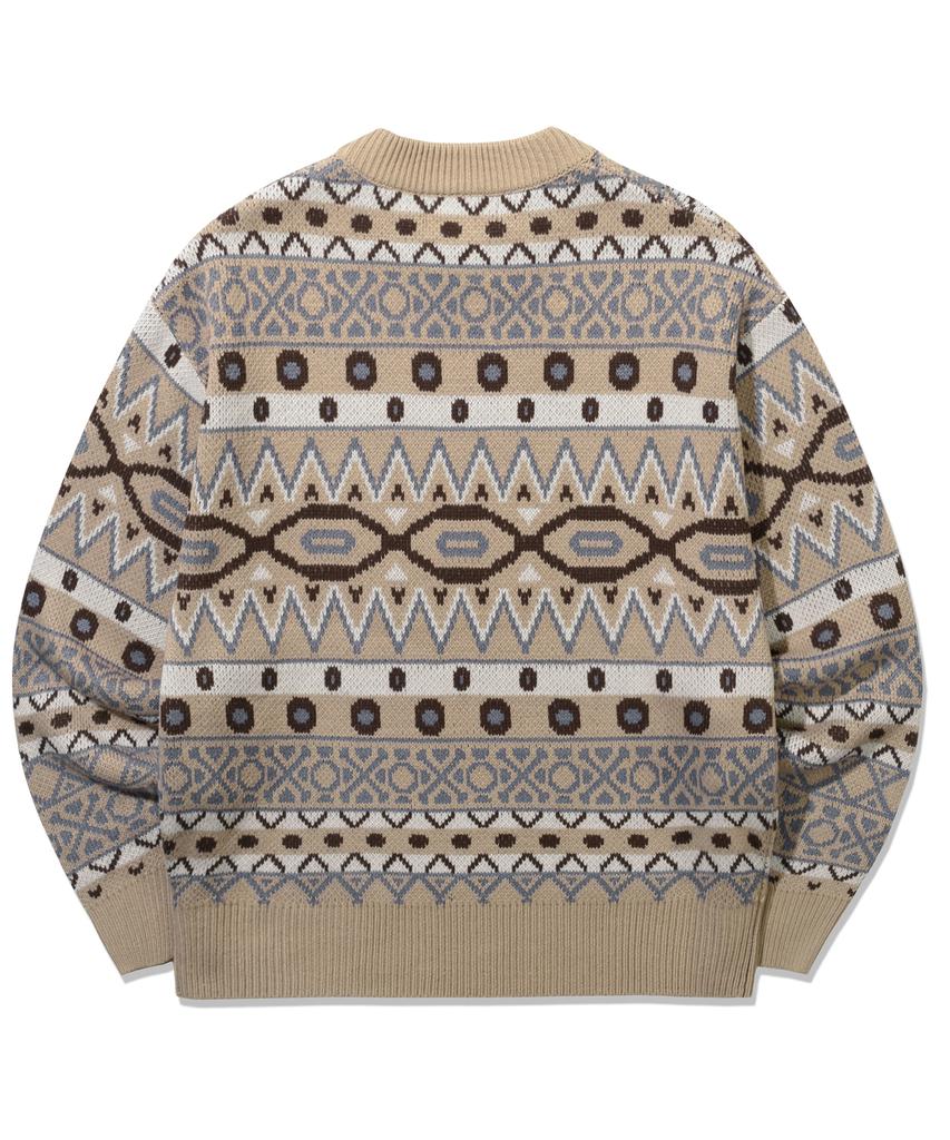 TRILLION Pull Jacquard Fair Isle Vintage à col rond_Beige