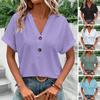 Dame Sommertopp V-hals Korte ermer Ensfarge Løs Hollow Out Button Decor Myk Pullover Pustende kvinneklær