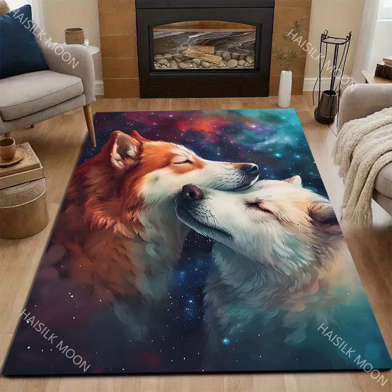 1PC Two Wolves Nuzzling In Starry Cosmos Print Carpet for Living Room Bedroom Sofa Home Decor Rus Non-slip Floor Mat Luxury Gift
