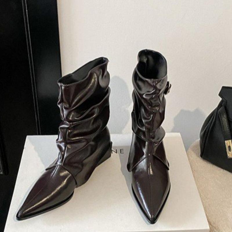 Vintage Pointed Toe Women Ankle Boots Fashion Rivet Slip On Shoes Female Thick Heel Western Cowboy Booties De