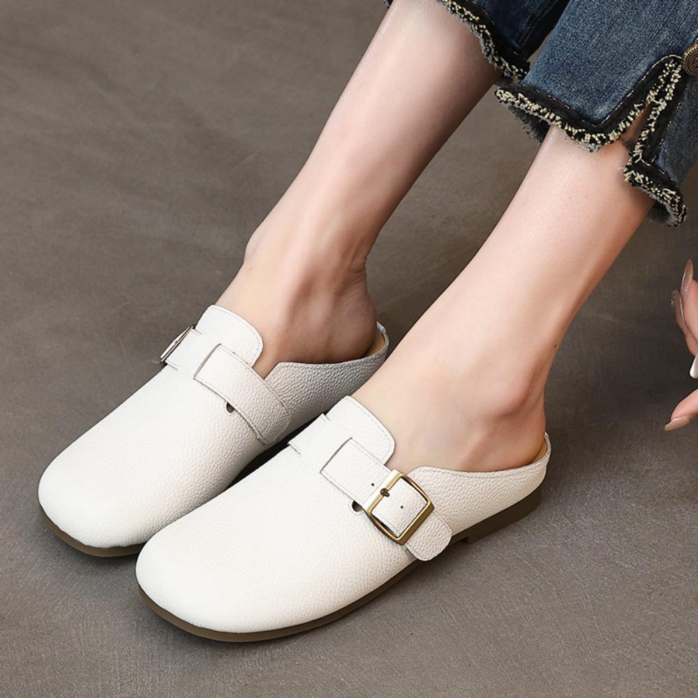 Leder Hausschuhe Damen Sommer Draußen 2026 Neue Faule Schuhe Flache Hausschuhe Damen Sandalen Dames Clogs