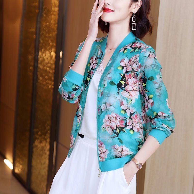 Loose Jacket Large Size Sun Protection Clothing Summer Women's Chiffon Print Baseball Uniform Short Jacket