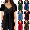 HNXC Women's Fashion Casual Solid Color Print Short Sleeve V Neck Blouses & Shirts