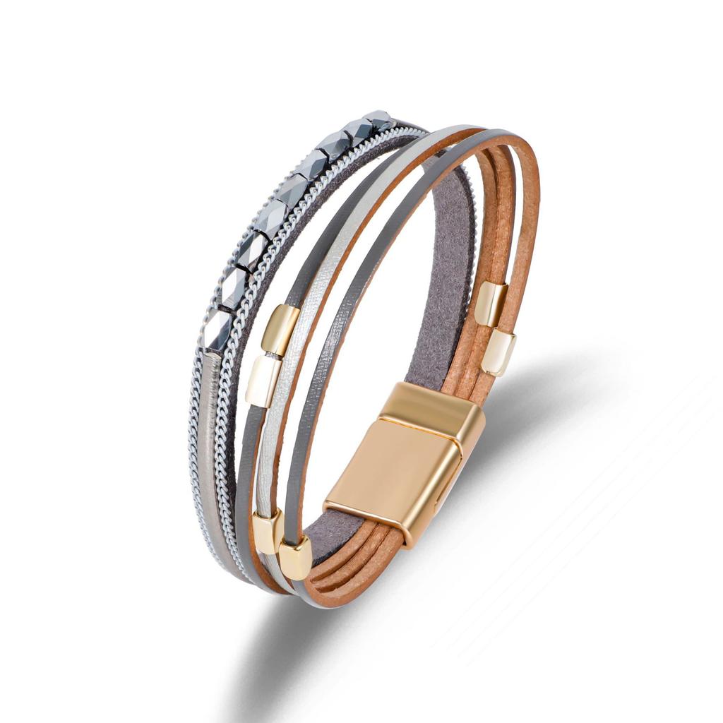 Boho Mehrschichtiger Leder Perlen Armband Handgemacht Metallperlen Magnetverschluss Armreif für Damen