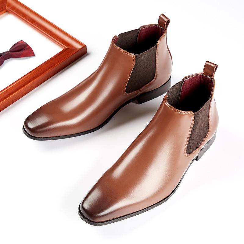 New British Men's Leather Short Boots Fleece-lined Business Formal Wear Square Head High-Top Leather Boots Pairs Elastic