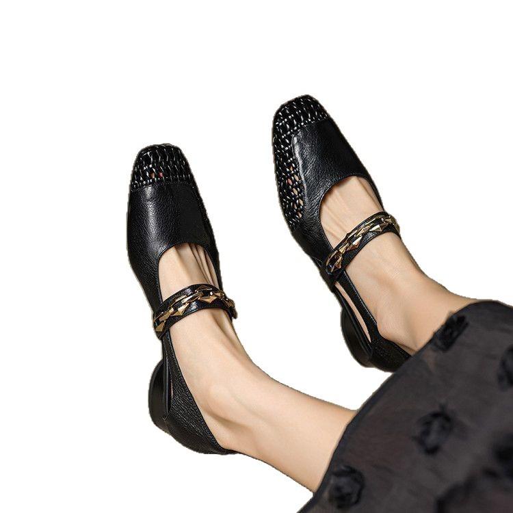 Woven Soft Leather Hollowed Out New Chinese Summer Women's Shoes Thick Sole Heightening Foot Cover Super Soft One-word Single Shoes Sandals