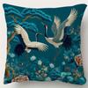 2D Flat- Vintage Chinese Style Crane And Pine Throw Pillow Cover Elegant Teal Botanical Floral Cushion Case For Home Decor