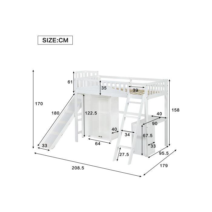 Bunk Bed - MUVOE - 90x200 Cm - White - With Table and Wardrobe - Safe EN747