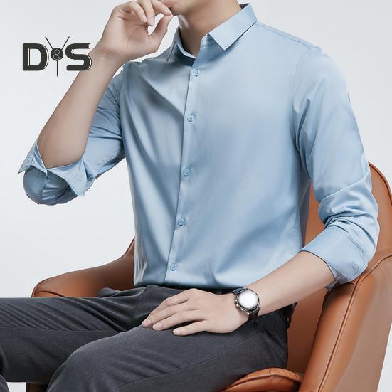 Camisa de vestir para hombre, de primavera y otoño, con cuello vuelto, corte ajustado, elástica, de un solo pecho, mangas largas, color puro, largo medio, formal, para negocios, eventos, oficina