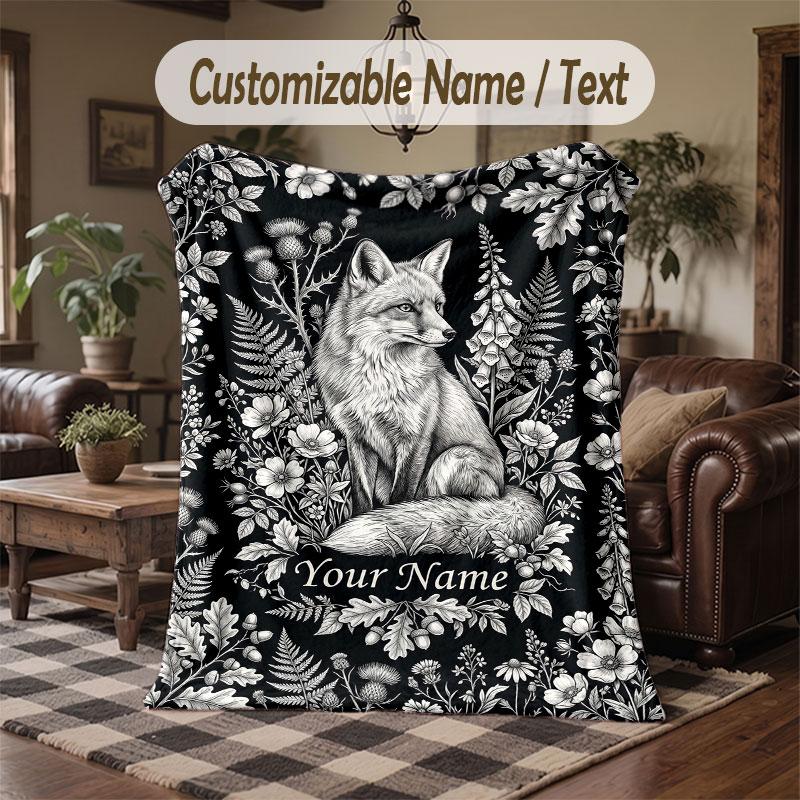 Wolf Fox Theme Throw Blanket Custom Name Text Personalized Blanket Soft Cozy Blanket for Home Sofa Bed
