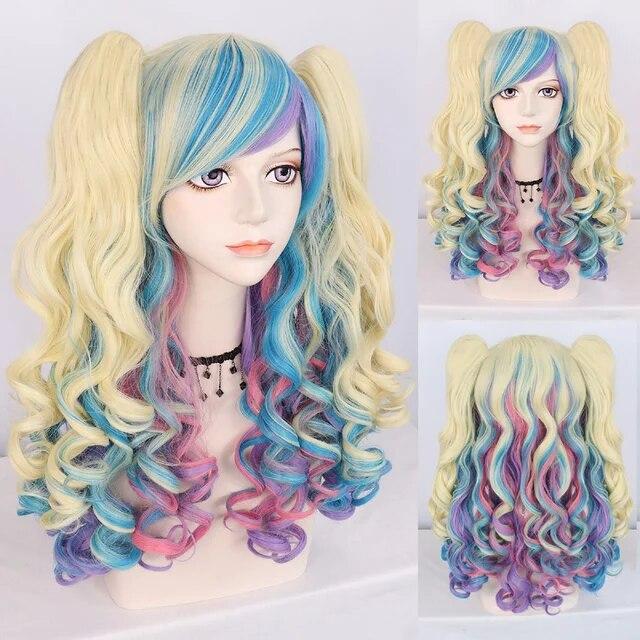 Cosplay Wig Synthetic Long Colored Curly Girls Lolita Cosplay Wig With Double Ponytails & 1pc Wig Cap