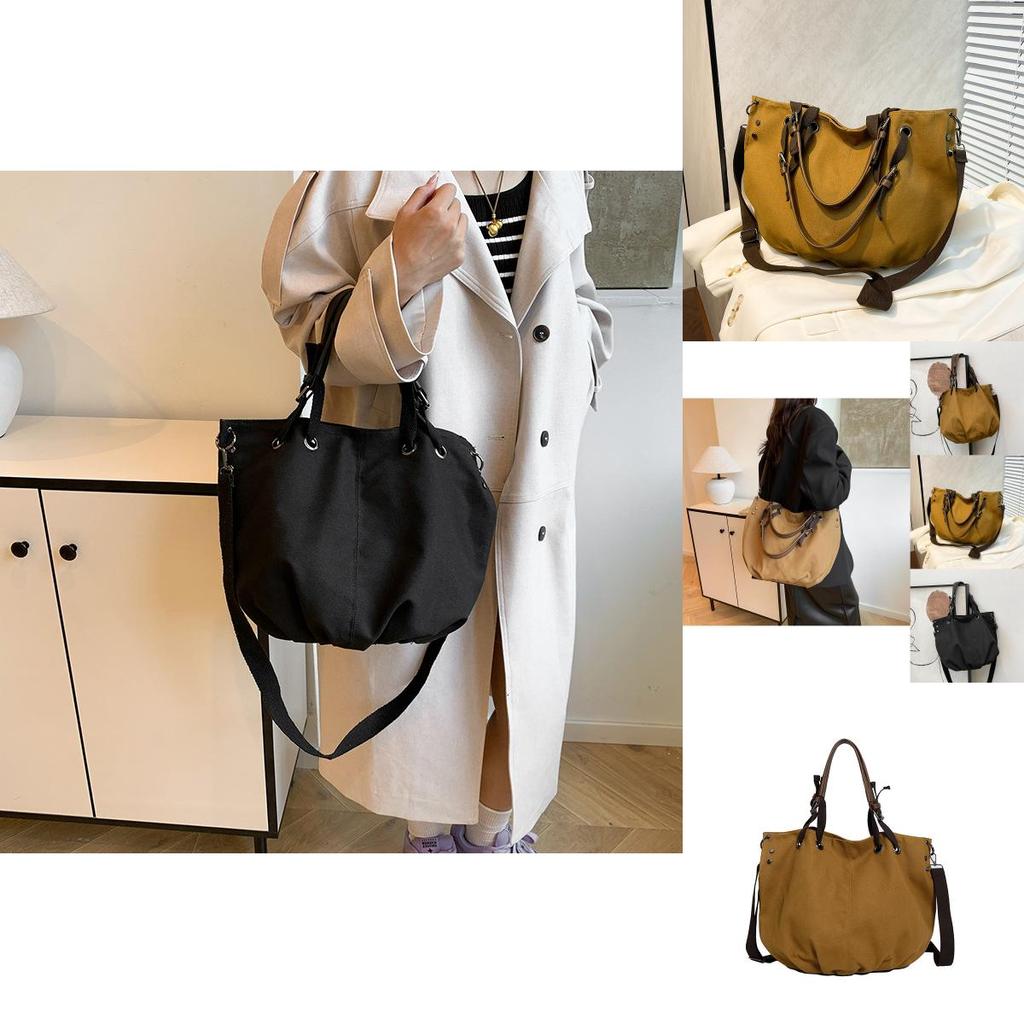 Chic Black And Khaki Canvas Tote Bag Vintage Fashionable Large Size Handbag