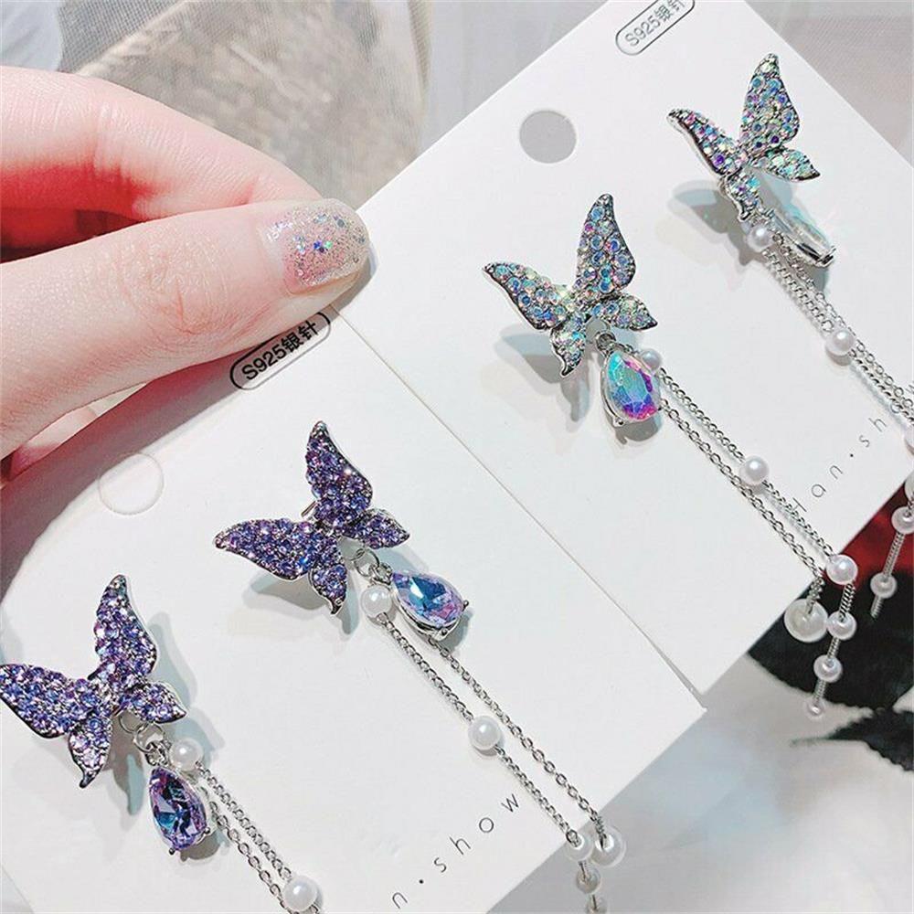 Fashion Long Pearl Chain Purple Silver Butterfly Earrings Drop Dangle Drop Earrings Shiny Butterfly