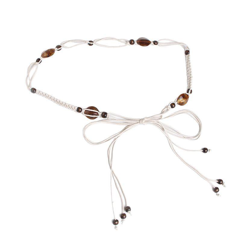 Bohemian Cotton Hemp Waist Belt For Casual Vacation Wear With Wooden Beads And Tie Closure