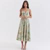 European & American Floral Split Midi Dress with Pleated Lace-Up and Patchwork Details