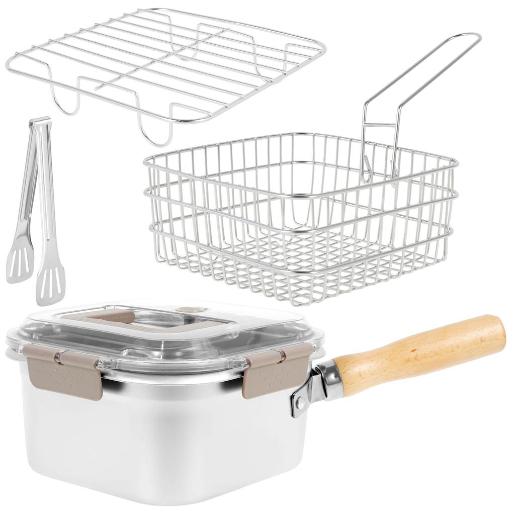 Multi-functional Deep Fryer Pot Stainless Steel Frying Pan with Basket and Handle Portable Square Deep Frying Pans for Kitchen