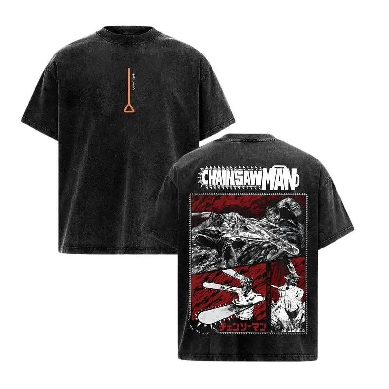 Anime Chainsaw Man Denji Graphic T-shirt Vintage Washed Oversized T Shirt Men Women Clothing Pure Cotton Short Sleeve Tees