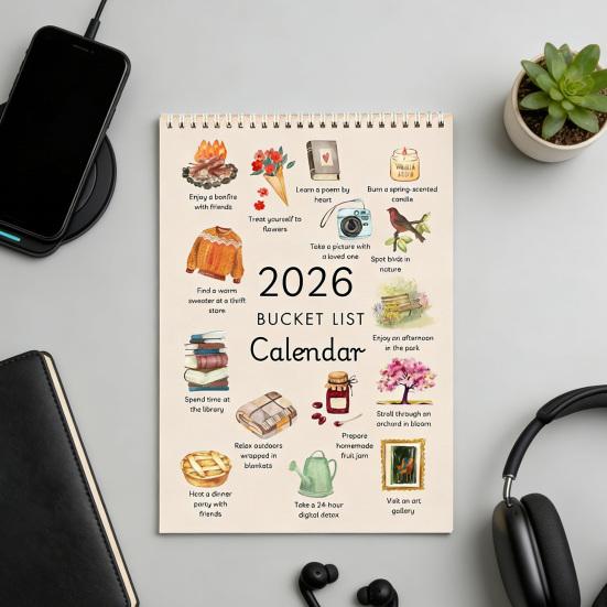 2026 Bucket List Calendar 12 Monthly Bucket List Wall Calendar Spiral Bound Art Planner Notebook with Illustrated Pages Gift for Friends