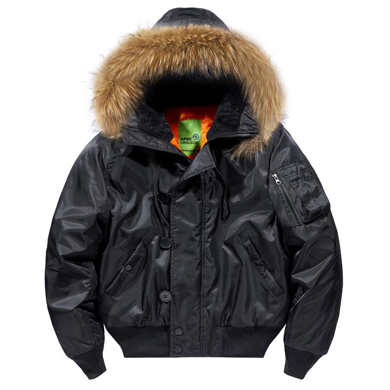 Men's Fur Collar Hooded Thickened Warm Bomber Jacket Military Fur Lined Windproof Tactical Flight Pilot Air Force Winter Coat