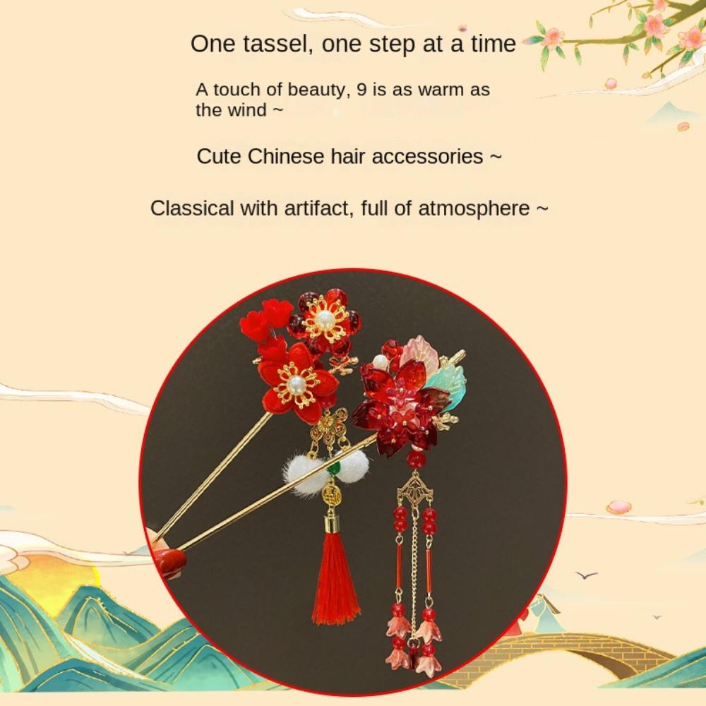 Red Flower Chinese Headwear Classic Hanfu Hairpin Beauty Pendant Hair Stick  Girls