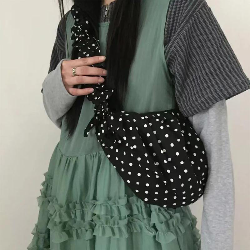 Polka Dot Nylon Ruched Hobo Bag Ruffled Trim With Drawstring Closure Women Lightweight Versatile Crossbody & Shoulder Handbag
