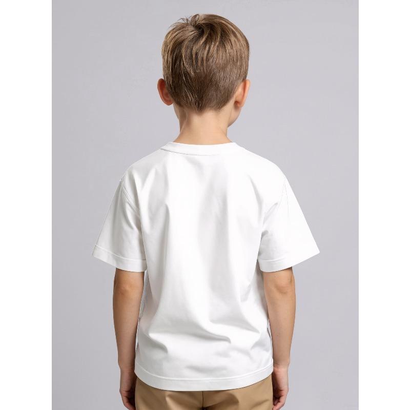 European Sizes Boys' Happy Face Pattern T-Shirt | White with Yellow Print, Soft Stretch Fabric, Crew Neck, Short Sleeves, Casual Summer Top